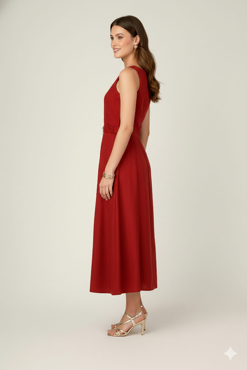 NORA Solid Midi A-line Dress