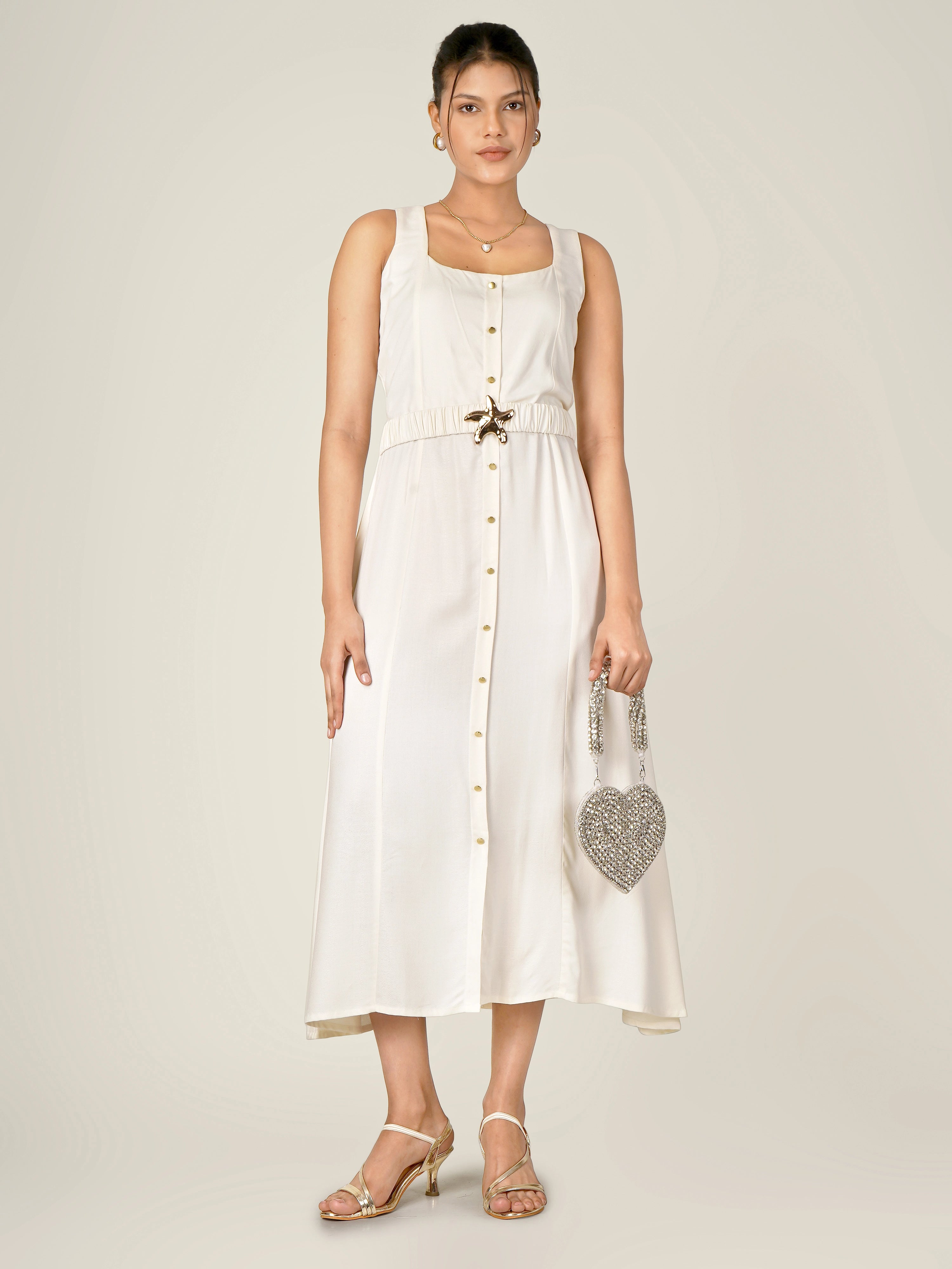 NORA Solid Midi A-line Dress