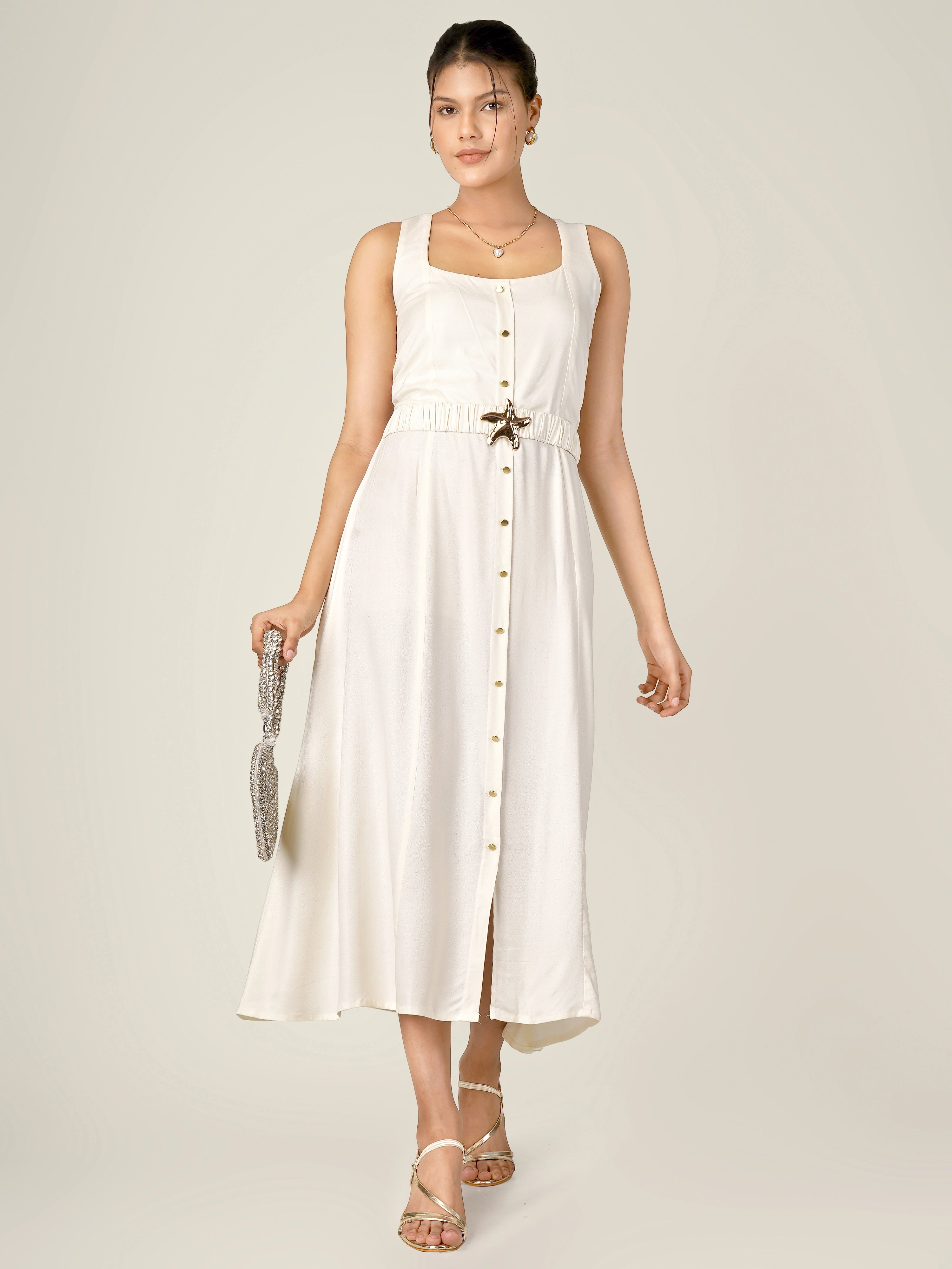 NORA Solid Midi A-line Dress