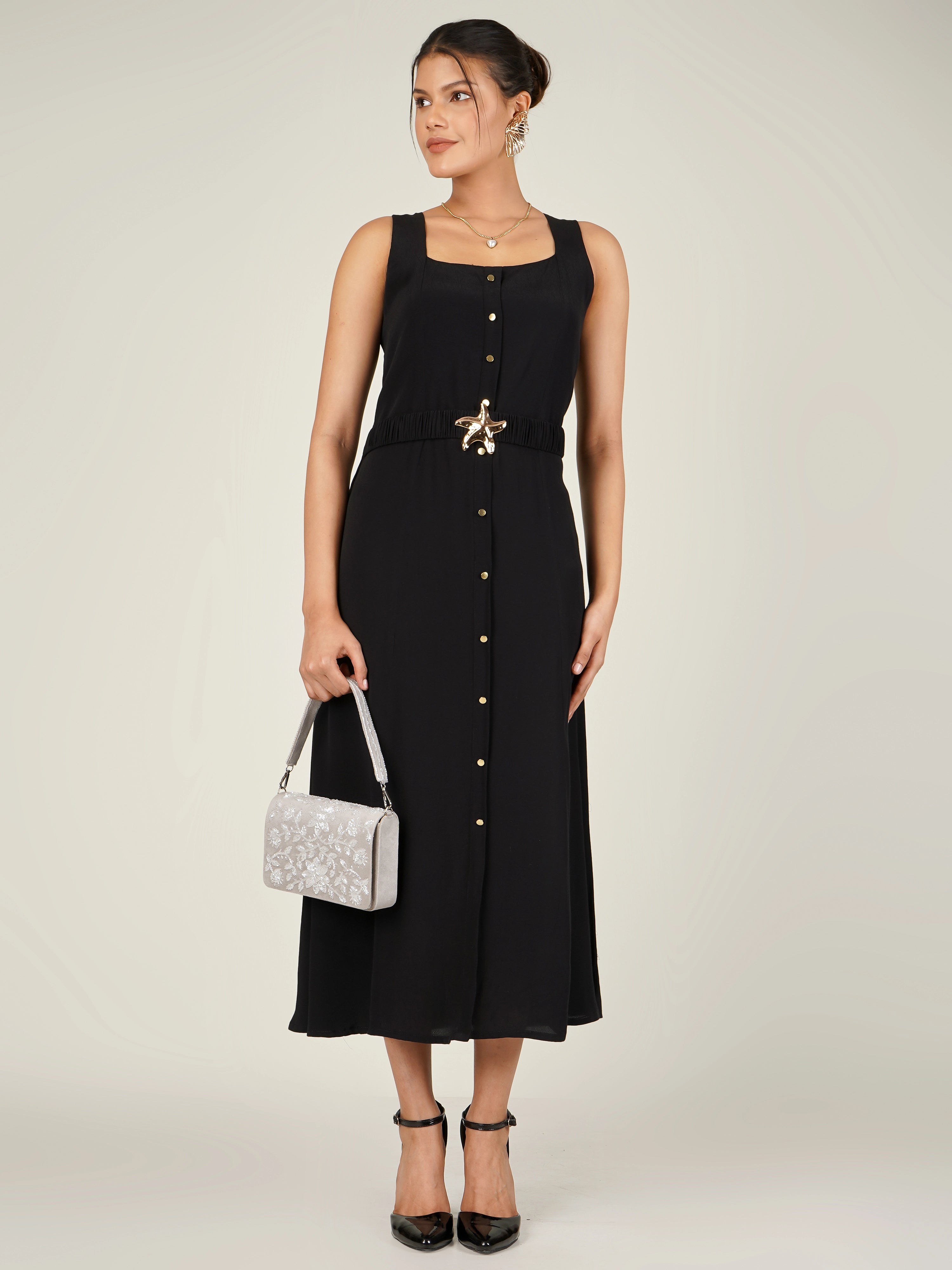 NORA Solid Midi A-line Dress